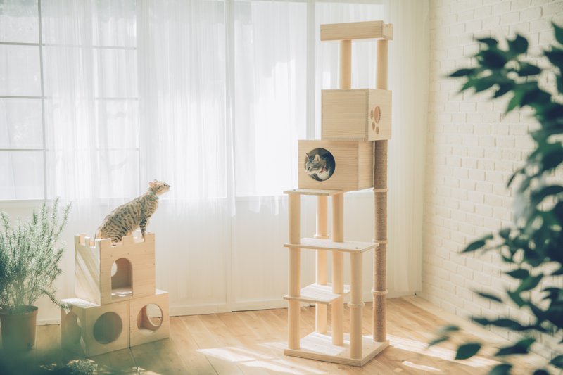 【L001】MiCHA 梦工房 - 乐高概念猫跳台 - 幸福豪宅 - 抓板/跳台 - 木头 咖啡色