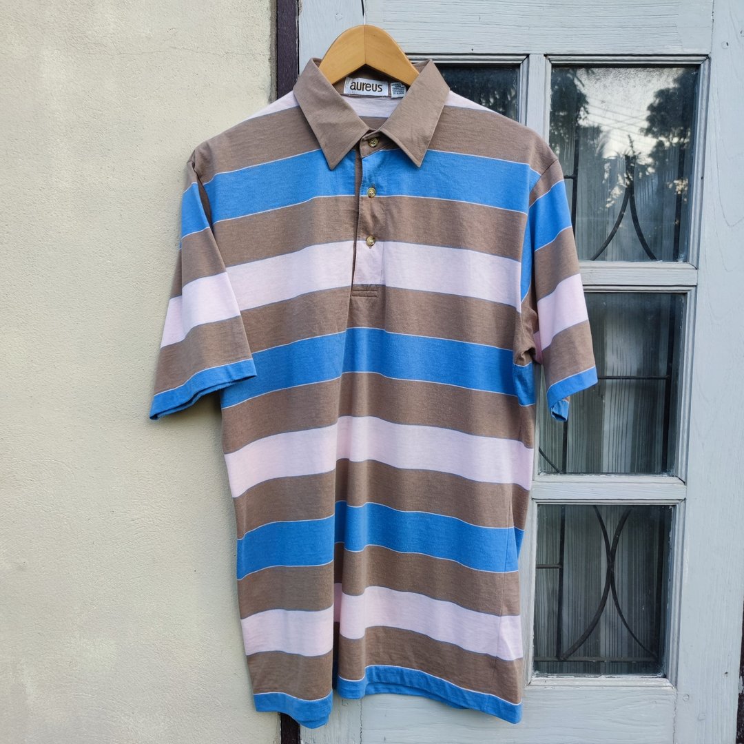 80年代复古条纹Polo衫 Aureus Striped Polo Shirt - 男装衬衫 - 棉 蓝色