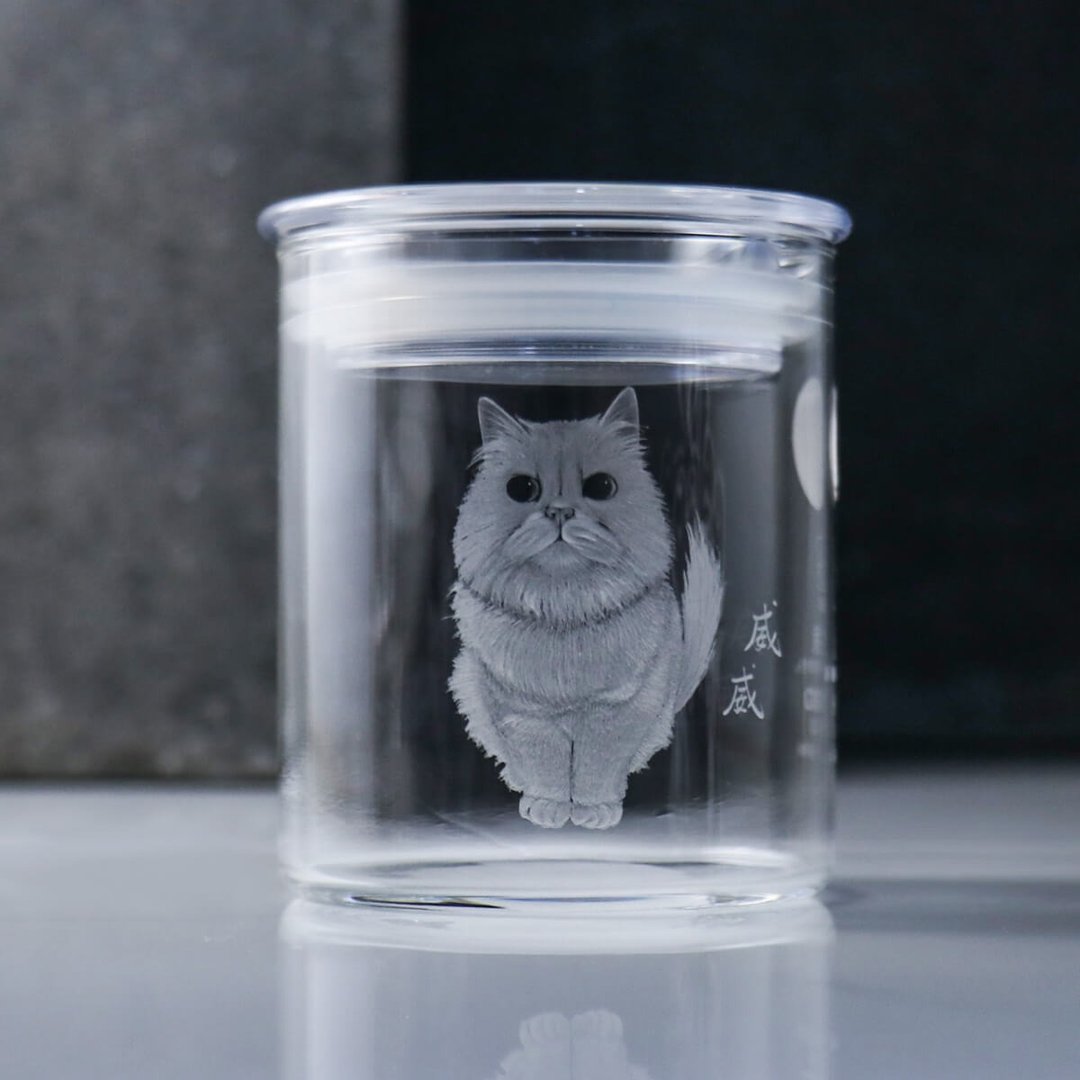 8.5cm【宠物骨灰罐】长毛猫咪 毛小孩在天堂明亮纯净的家 - 订制画像 - 玻璃 灰色