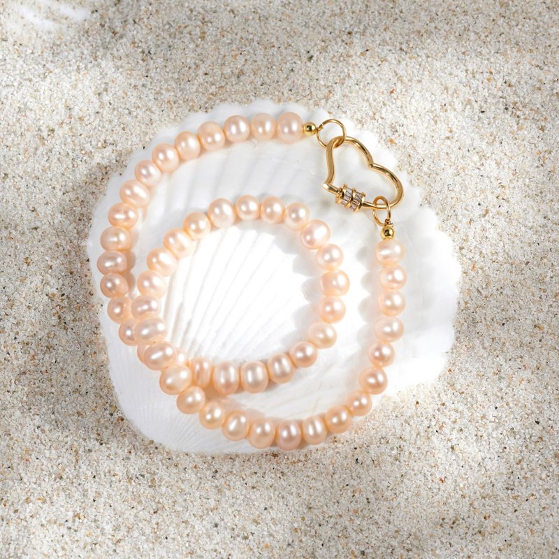 天然粉色淡水珍珠项链 金色爱心扣 7-8mm 六月诞生石 生日礼物 - 项链 - 珍珠 粉红色