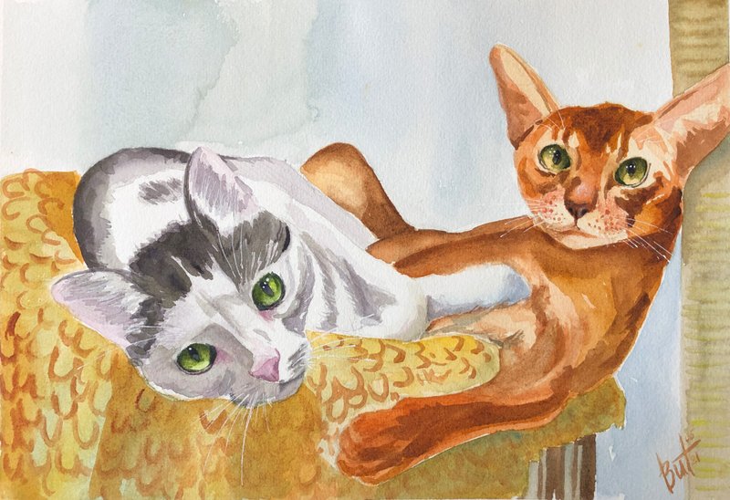 Cats Painting Animal Original Artwork Watercolor Pet Portrait Friends Wall Art - 海报/装饰画/版画 - 纸 橘色