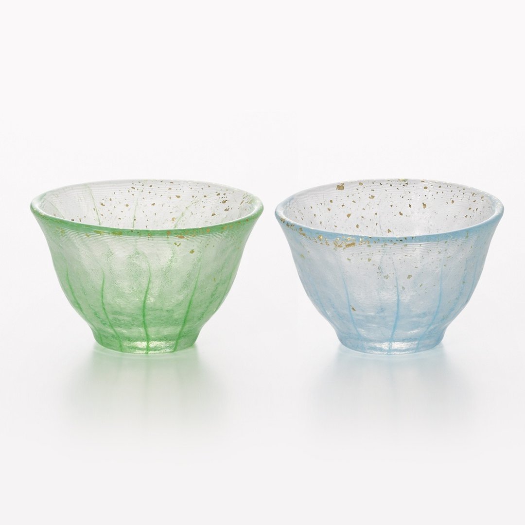 (一对价)70cc【ADERIA】夏竹流水 日本津轻庄内金箔手工玻璃祝杯 - 酒杯/酒器 - 玻璃 绿色