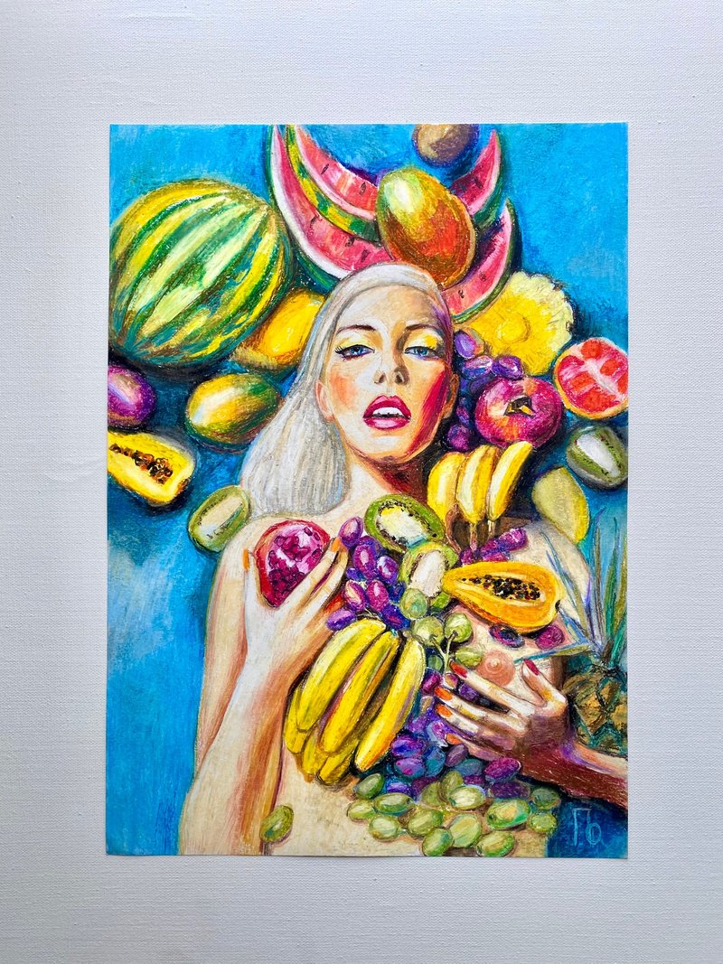Painting Girl Fruit Original Art Wall Oil Pastel Drawing Handmade Print - 海报/装饰画/版画 - 棉．麻 多色