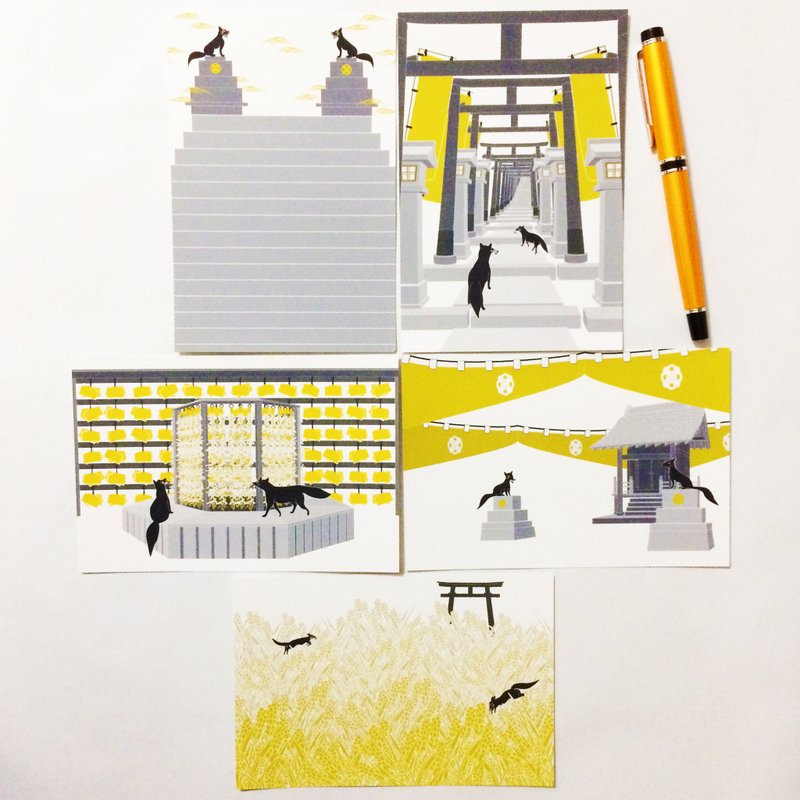 黑狛狐与稻浪 白色明信片五入组 新年 稻荷神社 鸟居 日本 和风 动物 朱印 - 卡片/明信片 - 纸 黄色