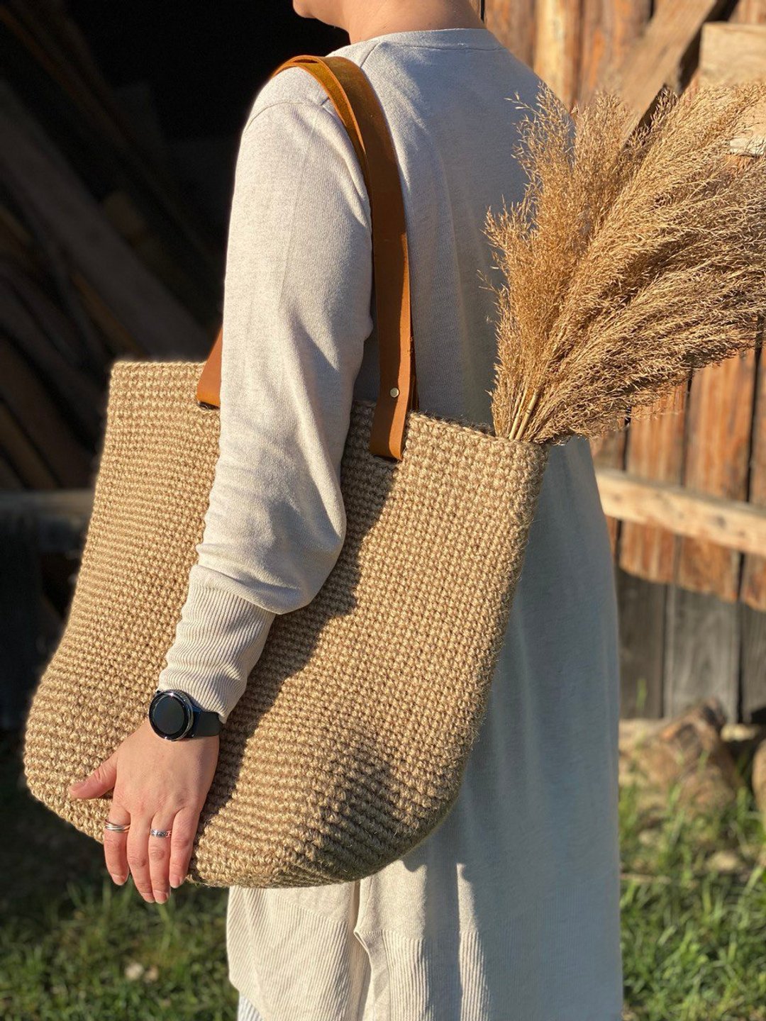 Crochet Jute Bag Crochet Tote Bag Shopping bag Reusable grocery bag - 手提包/手提袋 - 环保材料 