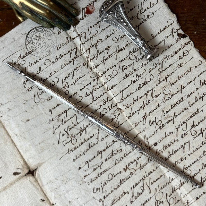 *50932-绝美法国古董800纯银沾水笔含笔尖 - 蘸水笔 - 纯银 