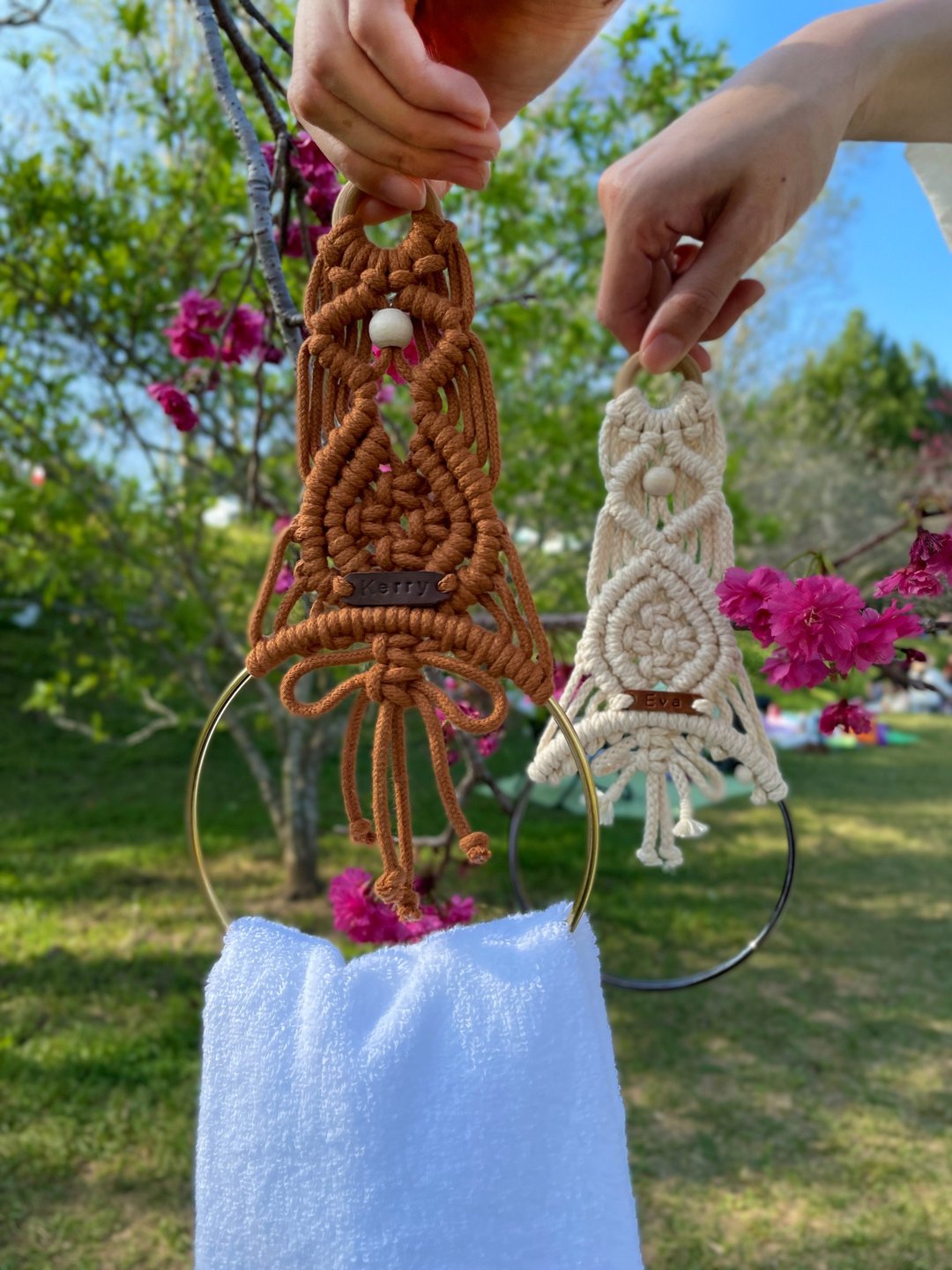 【毛巾抹布挂架】定制姓名皮标签 I 自然曲线手工编织 I Macrame - 收纳用品 - 棉 咖啡色