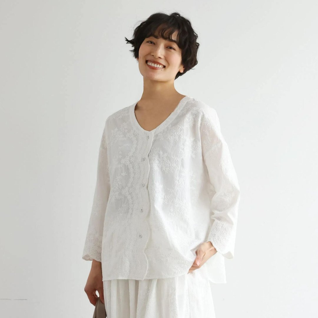 优雅舒适七分袖蕾丝开襟外套・100%刺绣纯棉・白色款・250511-1 - 女装衬衫 - 棉 白色