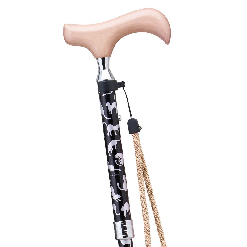 pretty cats 猫咪图案 折叠铝制手杖・黑色 75-85cm 纤细颈部 木质握把 挂绳 收纳套 - 其他 - 铝合金 黑色