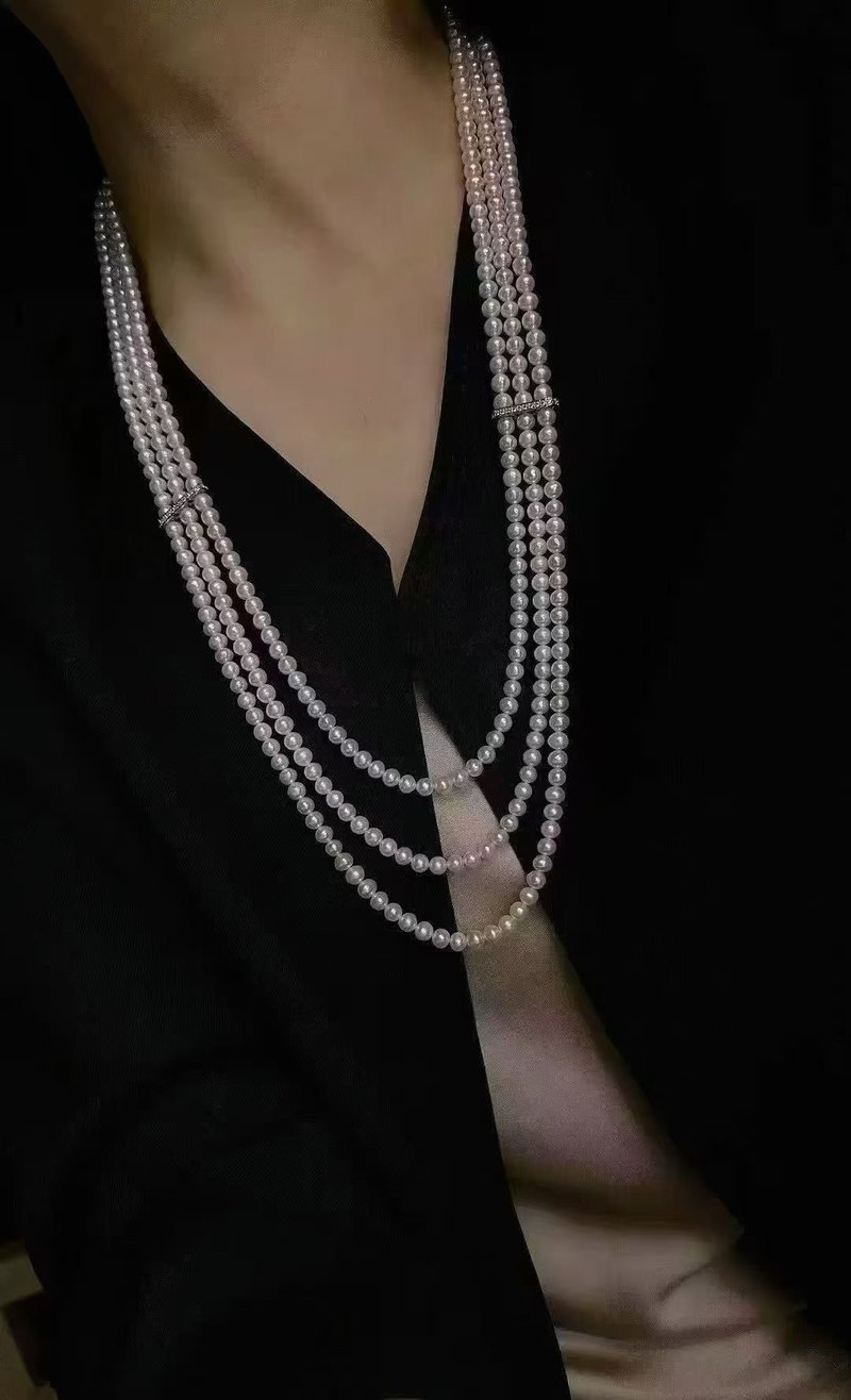 复古轻奢流光年代米珠淡水珍珠淡水真珠长项链毛衣链银扣 - 项链 - 珍珠 银色