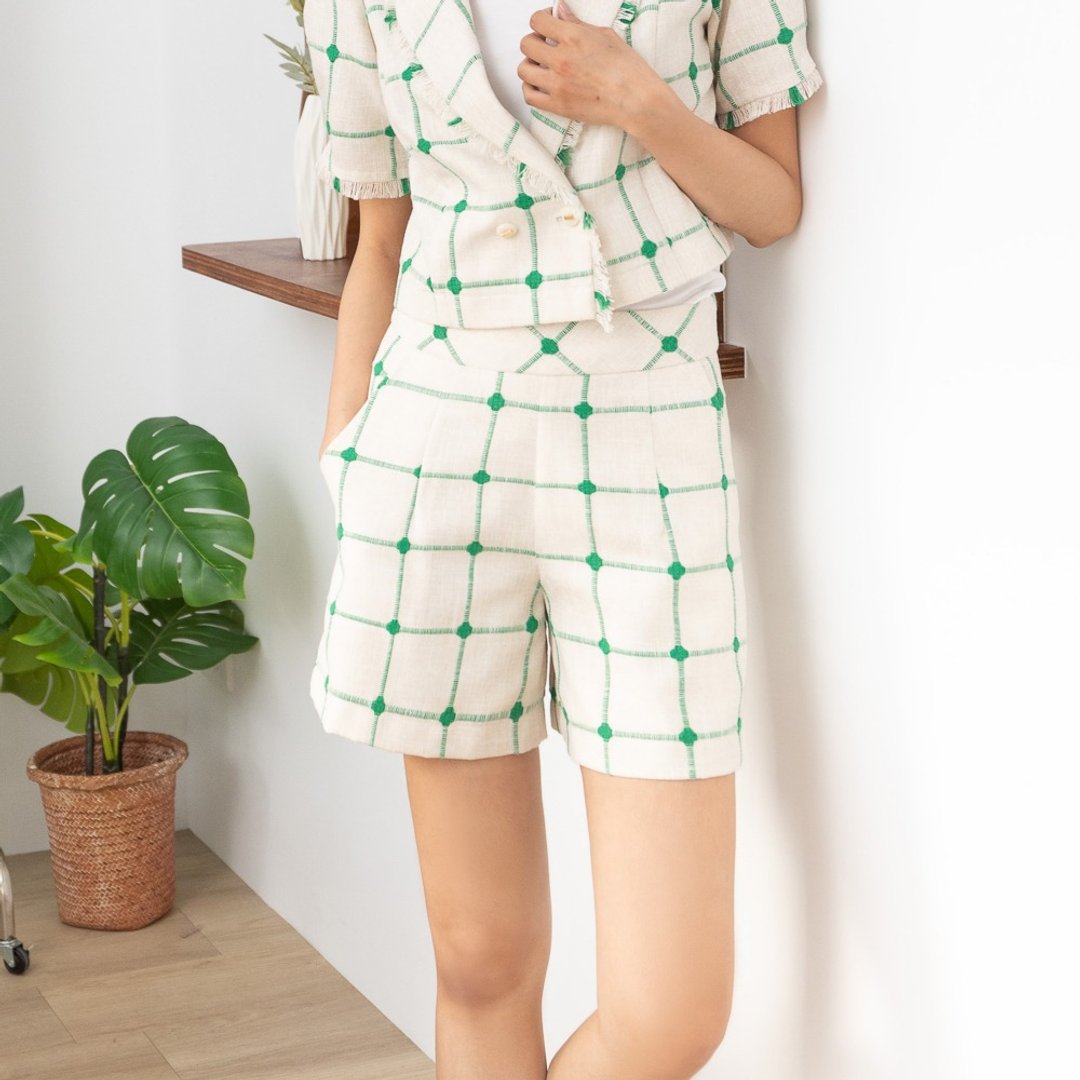 【MEDUSA】亚麻绣线装饰格纹小短裤(M-XL) | 女裤子 凉感 亚麻 - 女装短裤 - 亚麻 绿色