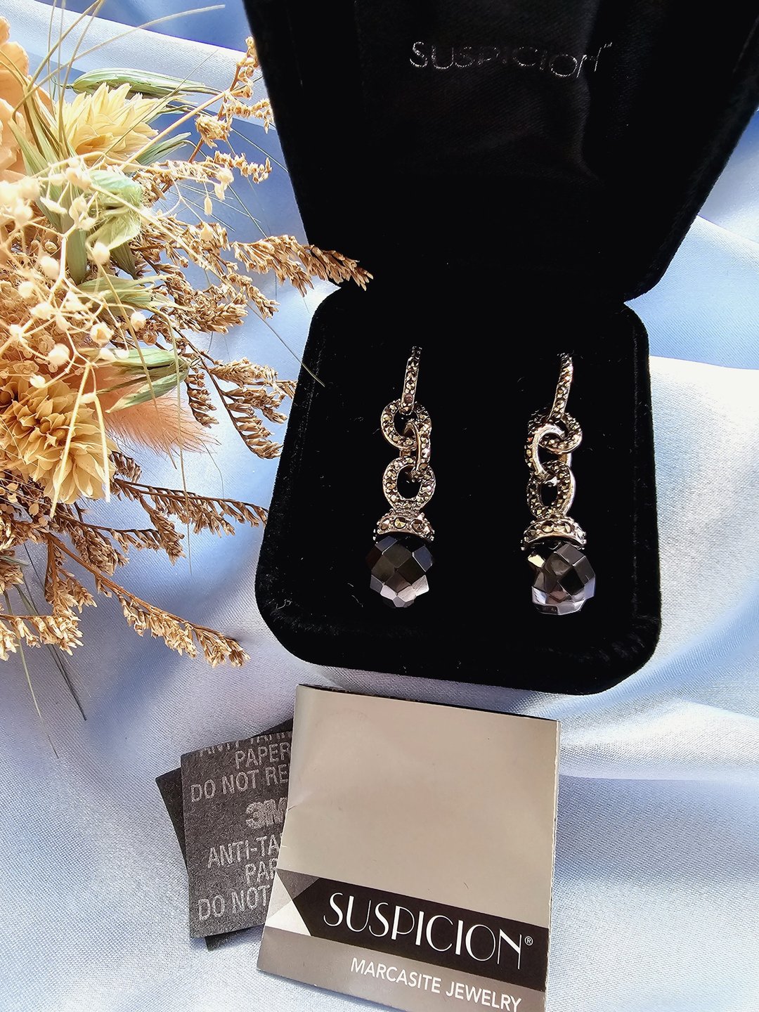 925纯银密镶环状白铁矿黑曜石吊坠针式耳环/珠宝首饰/Jewelry - 耳环/耳夹 - 纯银 