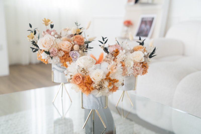 永生盆花 橘色系永生花 永生玫瑰花 干燥花 大理石纹花器 橘粉色 - 干燥花/捧花 - 植物．花 橘色