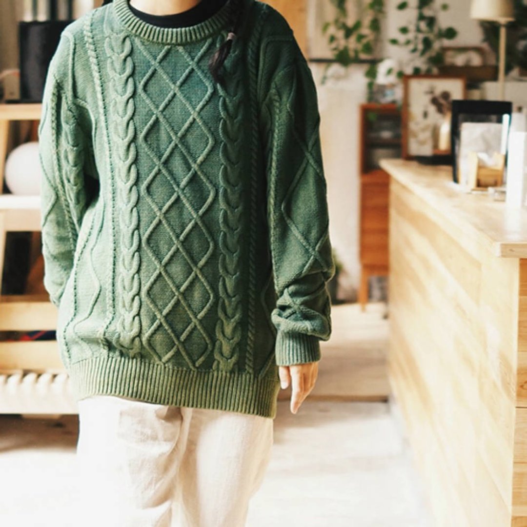 蘇格蘭艾倫毛衣風格 Aran jumper 棉線藍染 绞花套头圆领漁夫毛衣 - 女装针织衫/毛衣 - 棉 蓝色