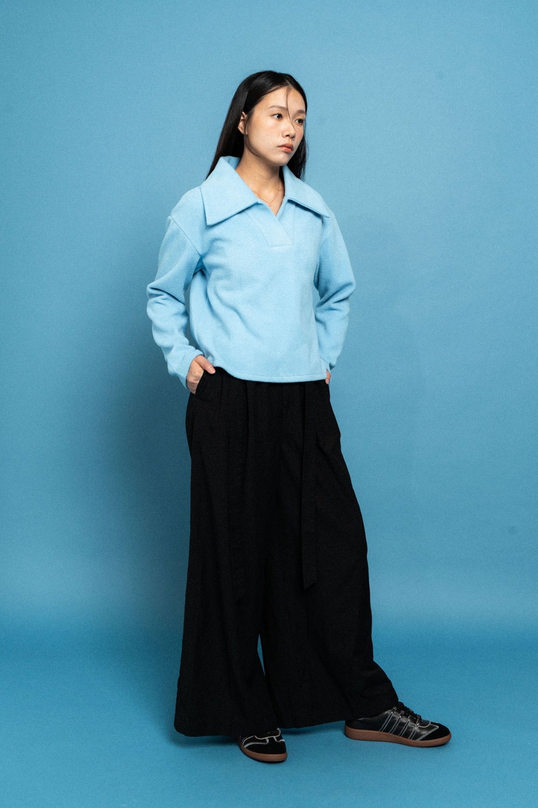 蓝色半开襟Polo针织衫 Blue Half-Zip Polo Sweater - 女装针织衫/毛衣 - 其他材质 蓝色