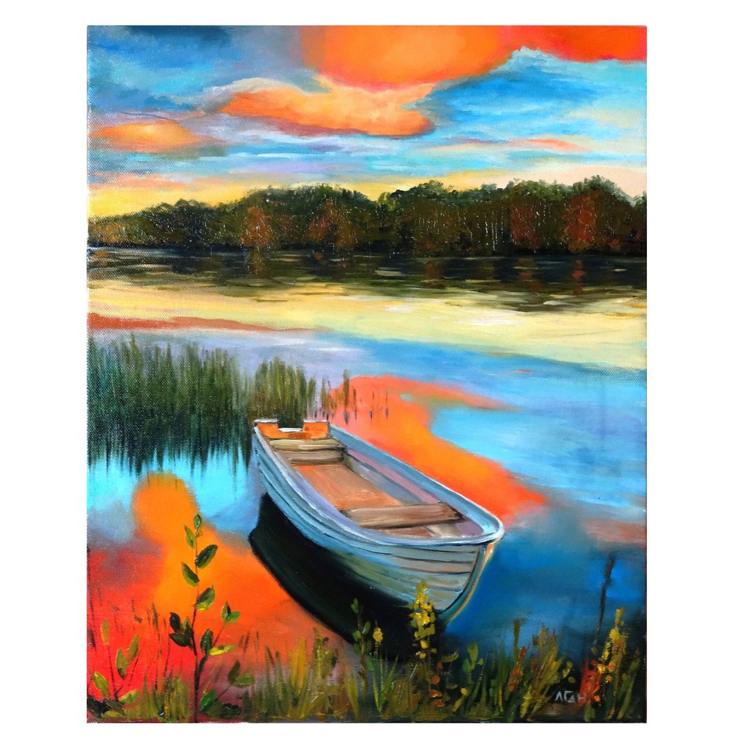 Fishing Boat Oil Painting Landscape Original Art River Artwork - 海报/装饰画/版画 - 颜料 多色