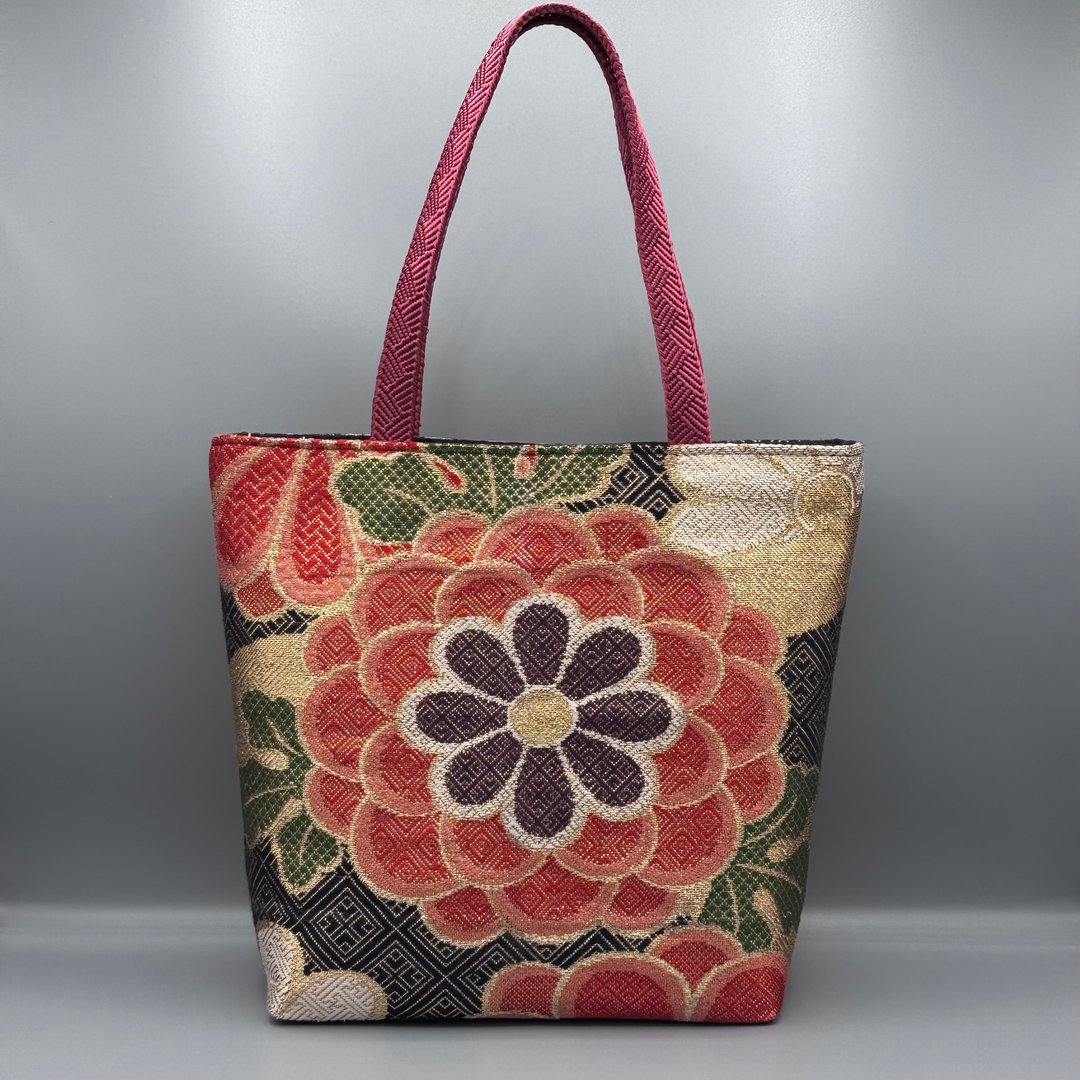 独一无二单品【附底板】和服腰带 带缔改造 托特包 手工制作 金线刺绣 菊花 - 手提包/手提袋 - 丝．绢 黑色