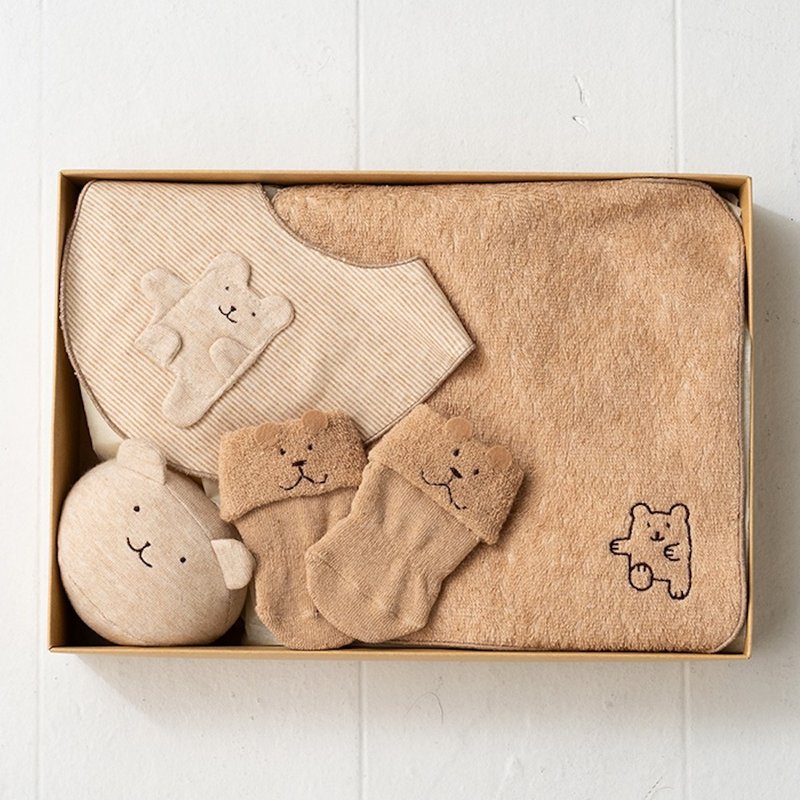 礼盒 LB 熊熊系列 100% 有机棉 围兜 棉球 袜子 小方巾4件套 - 满月礼盒 - 棉．麻 咖啡色