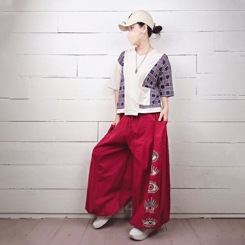 米杏/蓝格 - V领侧拼接前短不规则T #U1171 - 女装上衣 - 棉．麻 白色