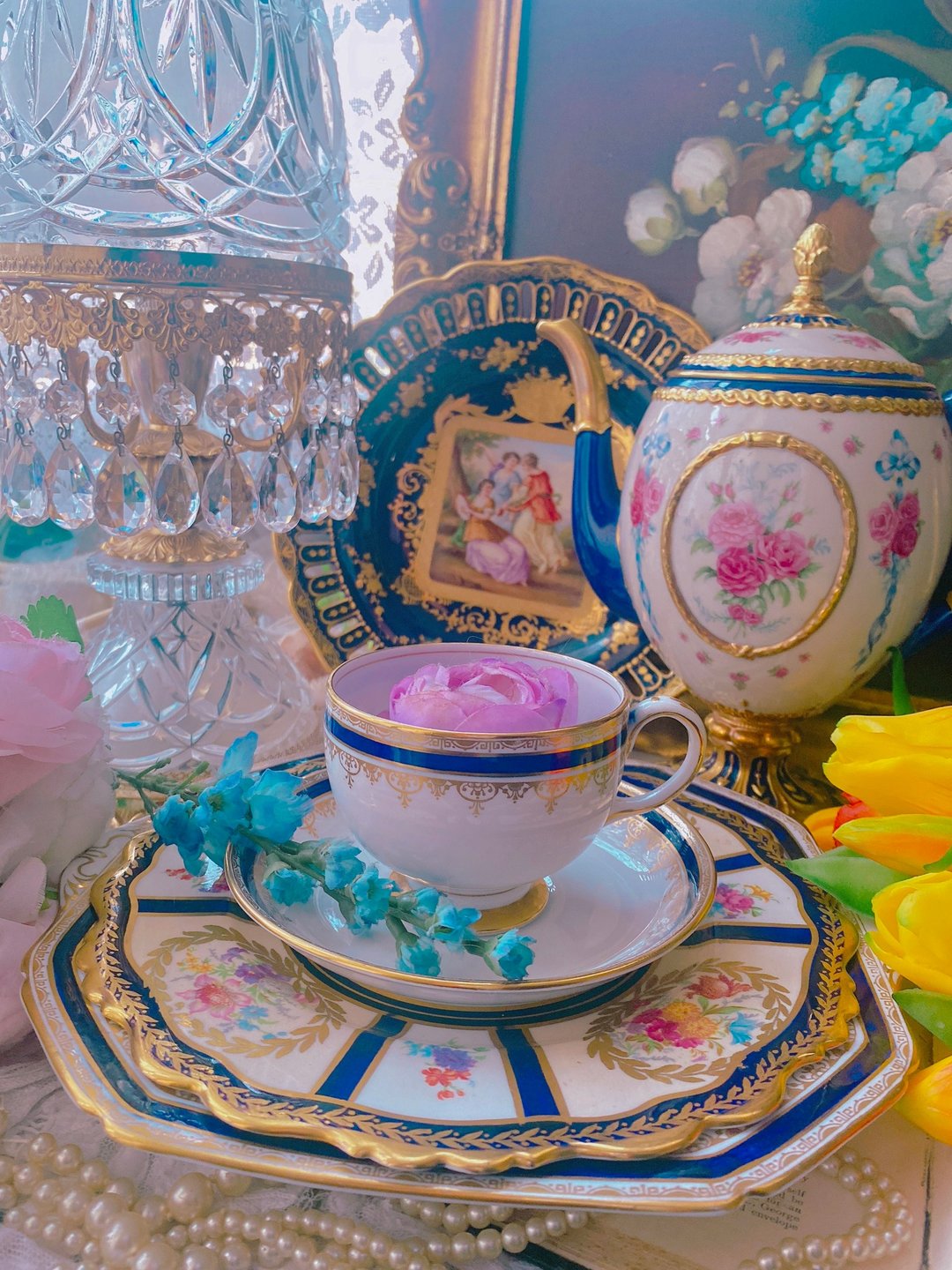 1919年英国制手绘24K金骨瓷古董杯花茶杯咖啡杯库存品 - 茶具/茶杯 - 瓷 蓝色