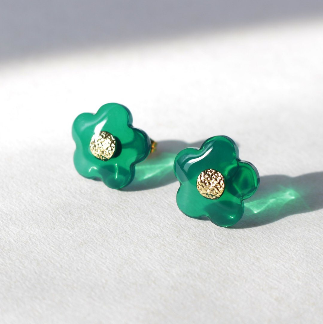 简约花朵祖母绿色耳环 耳钉耳夹 - 耳环/耳夹 - 树脂 绿色