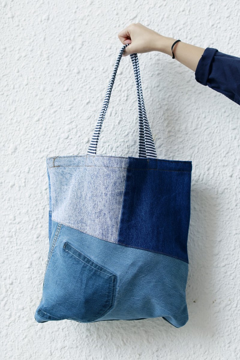 牛仔拼布ToteBag - 侧背包/斜挎包 - 棉．麻 