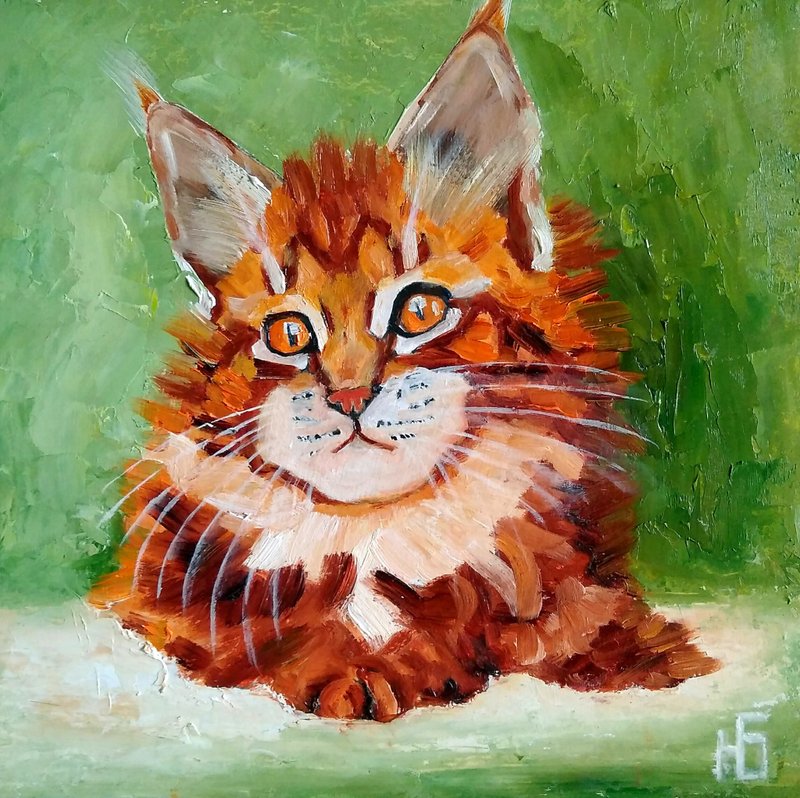 Red Cat Original Oil Painting, Funny Pet Portrait, Ginger Kitten Wall Art - 海报/装饰画/版画 - 其他材质 橘色