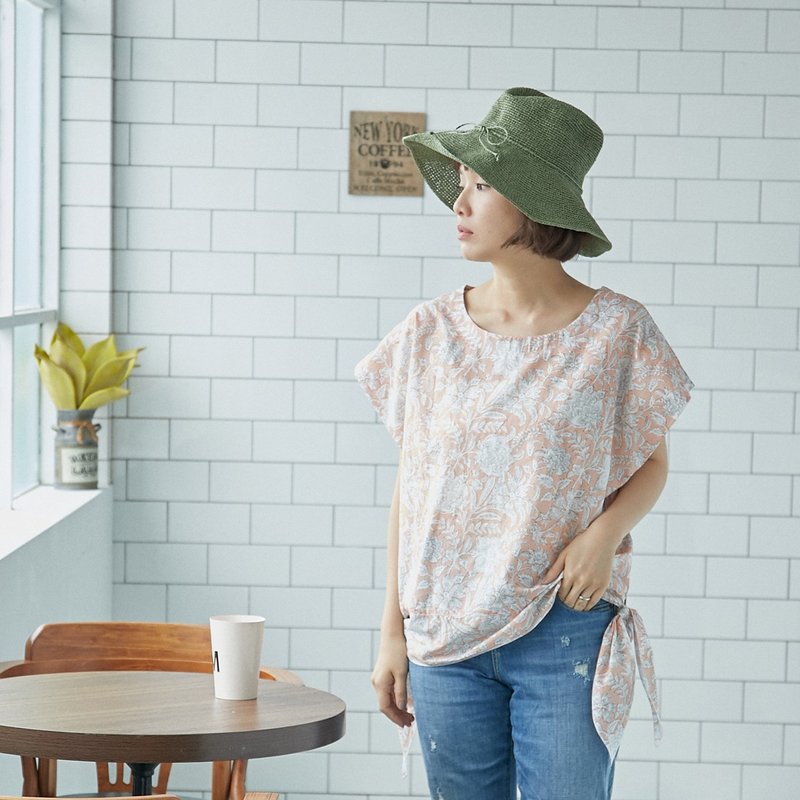 Elisa花卉印花綁帶上衣/櫻粉 - 女装上衣 - 棉．麻 粉红色