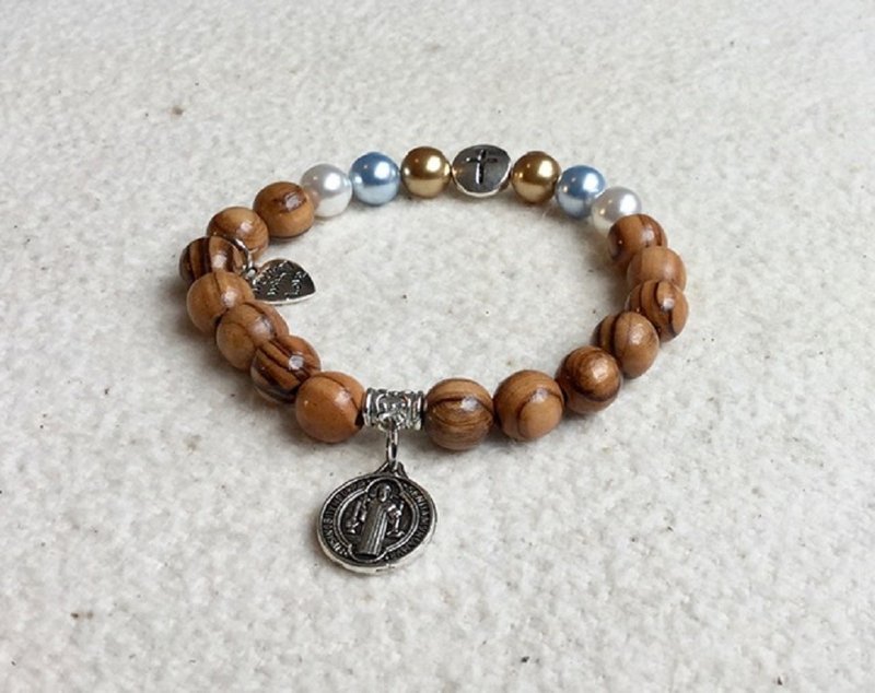 手链 进口8mm橄榄木珠加施华洛世奇三色水晶珍珠搭配圣牌8250828 - 手链/手环 - 木头 咖啡色