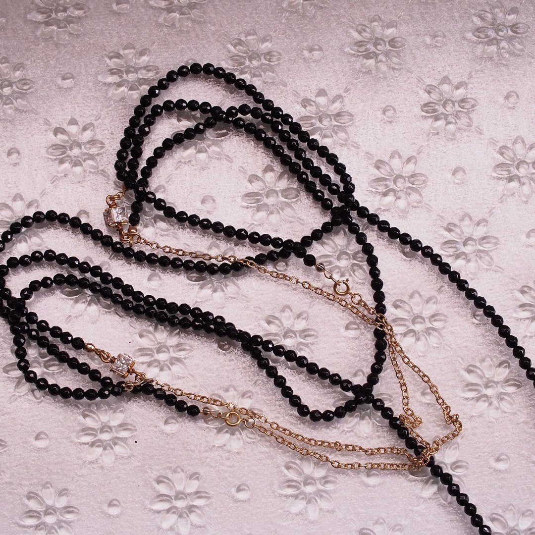 天然黑玛瑙 多层 长项链 锆石纯银 镀金项链 Onyx long necklace - 长链 - 半宝石 黑色