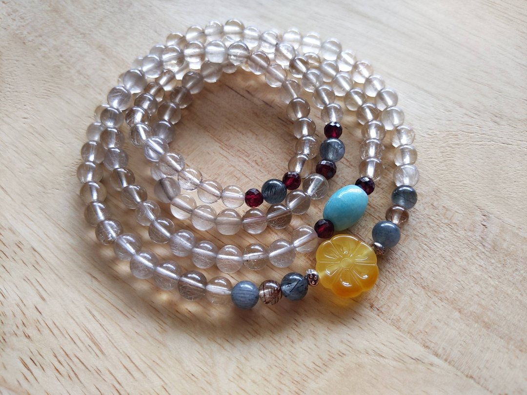 ORLI Jewelry 天然白发晶108颗念珠 白发晶108颗佛珠 蜜蜡 天然石 - 手链/手环 - 宝石 白色