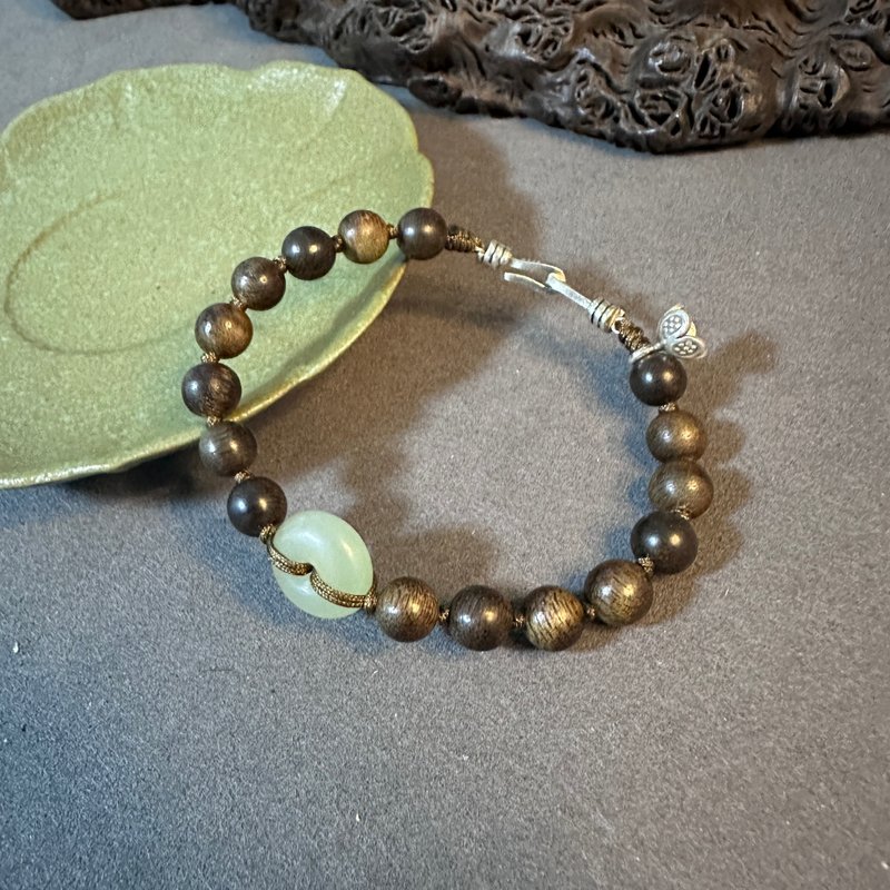 和田玉平安扣沉香手串 s925银扣 沉香手链 定制礼物 - 手链/手环 - 木头 