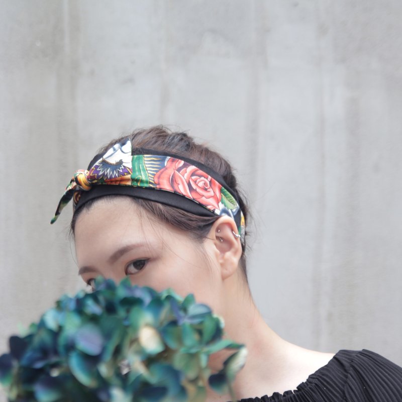 美式漫画 玫瑰 撞色 黑 红 两种戴法  双色拼接松紧绑带 - 发带/发箍 - 棉．麻 多色