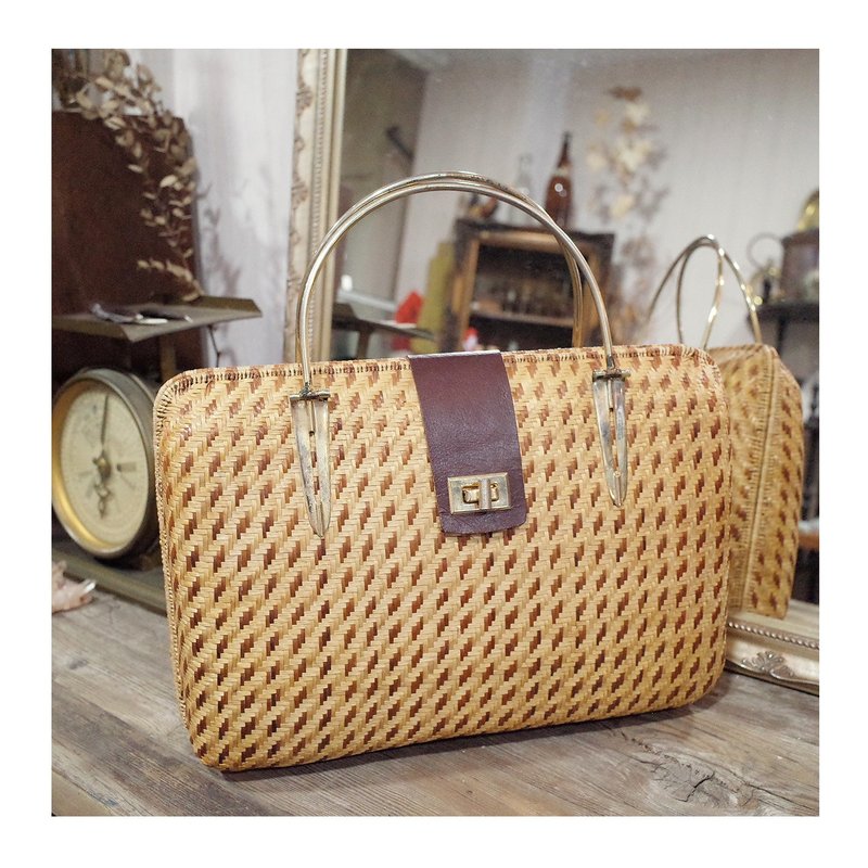 老件.早期手工编织老件.细目编织硬壳包.藤编竹编草编.手提包 - 手提包/手提袋 - 其他金属 