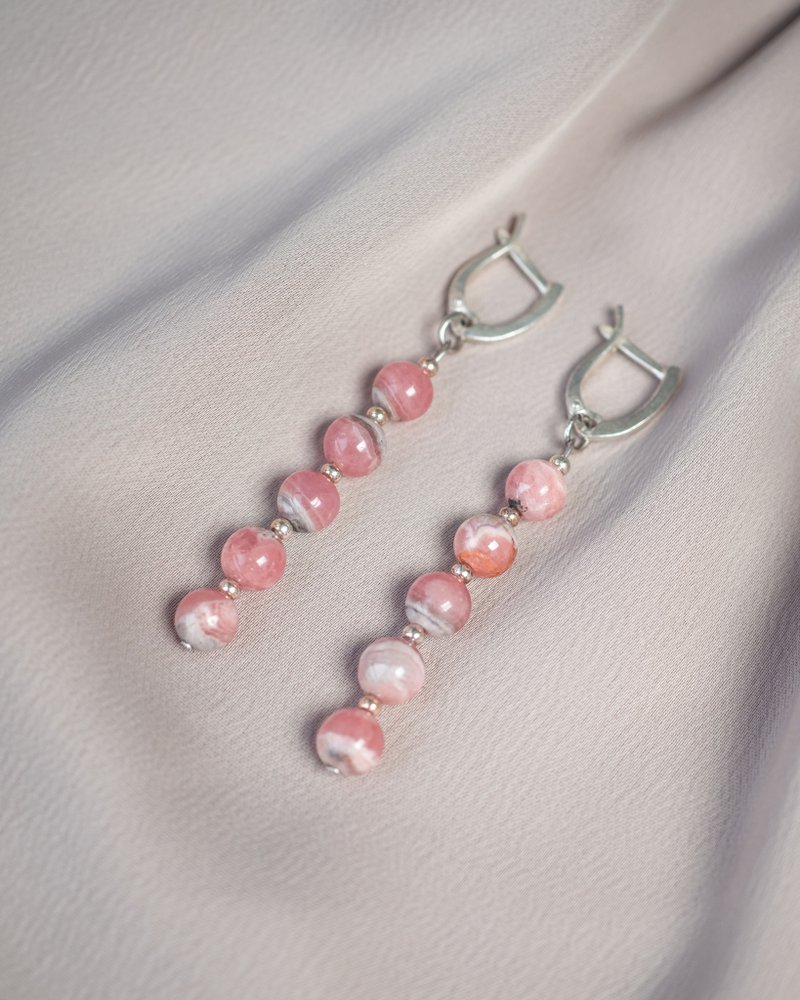 Rhodochrosite 925 Sterling Silver Earrings, Taurus Gemstone, Libra Crystal - 耳环/耳夹 - 半宝石 粉红色