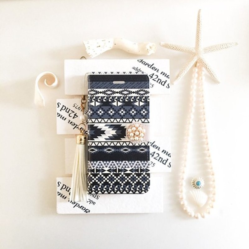 pajour) Navy Bohemian Ortega pattern notebook type smartphone case [Autumn / Winter] [Triangle] [Cover] - 手机壳/手机套 - 真皮 蓝色
