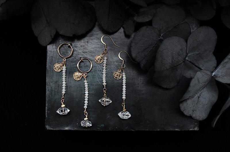 净 | Crystal双尖白水晶珍珠垂吊耳环/无耳洞也可 - 耳环/耳夹 - 水晶 