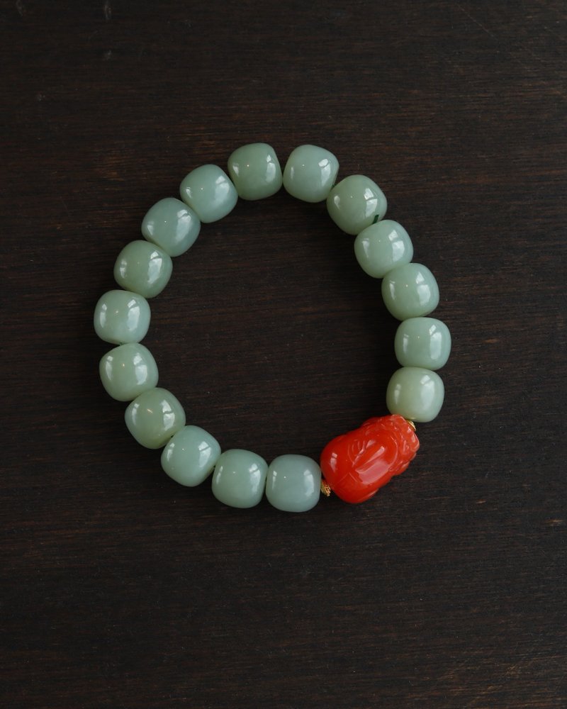 12mm天然和田玉 /和阗玉-且末蓝 南红貔貅设计单圈手串手持 - 手链/手环 - 玉石 蓝色