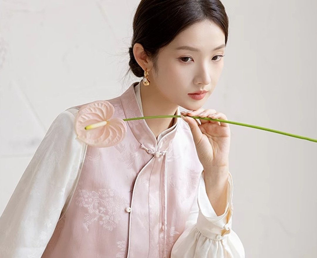 粉妆记 新中式中国风 粉色斜襟盘扣 背心/上衣/半裙 - 女装上衣 - 其他材质 白色