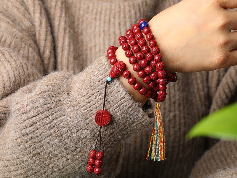 天然原矿朱砂精品紫金砂六字真言108颗佛珠项链 含量高达95%以上 - 手链/手环 - 宝石 