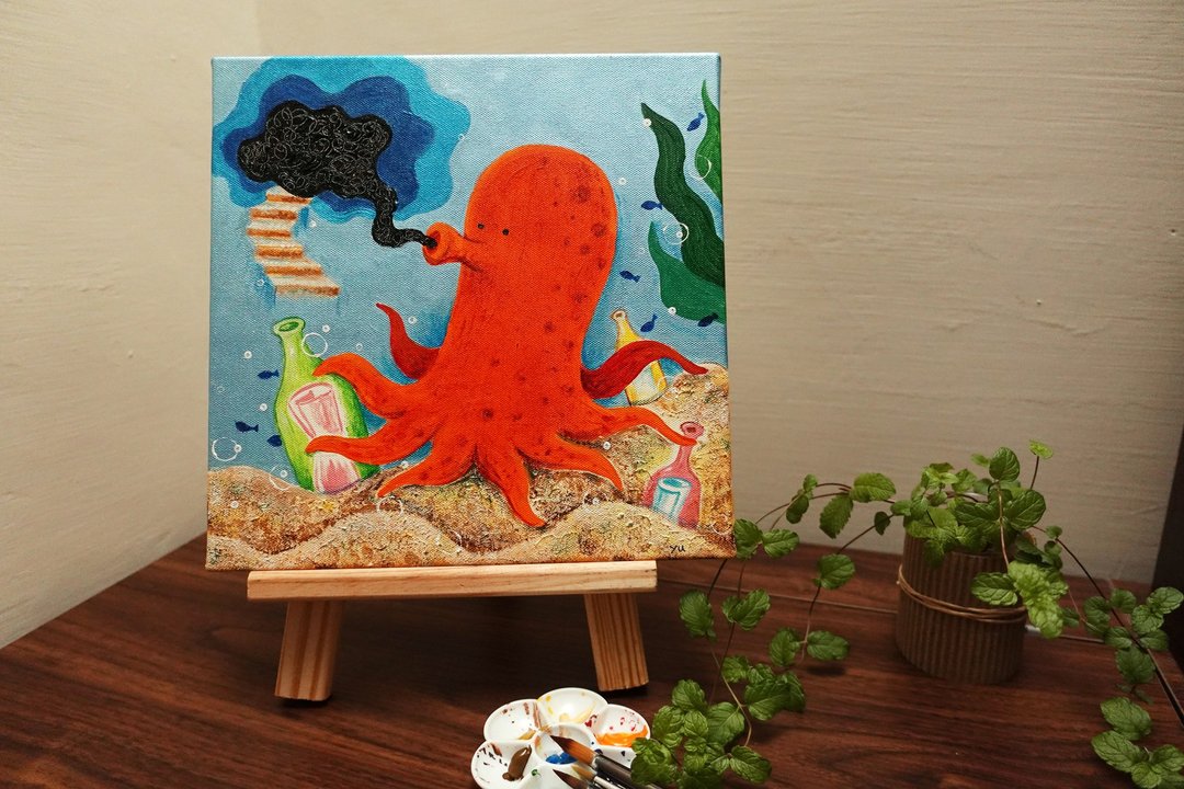 章鱼无框画/压克力颜料手绘/海洋生物悠游趣/瓶中信 - 海报/装饰画/版画 - 其他材质 红色