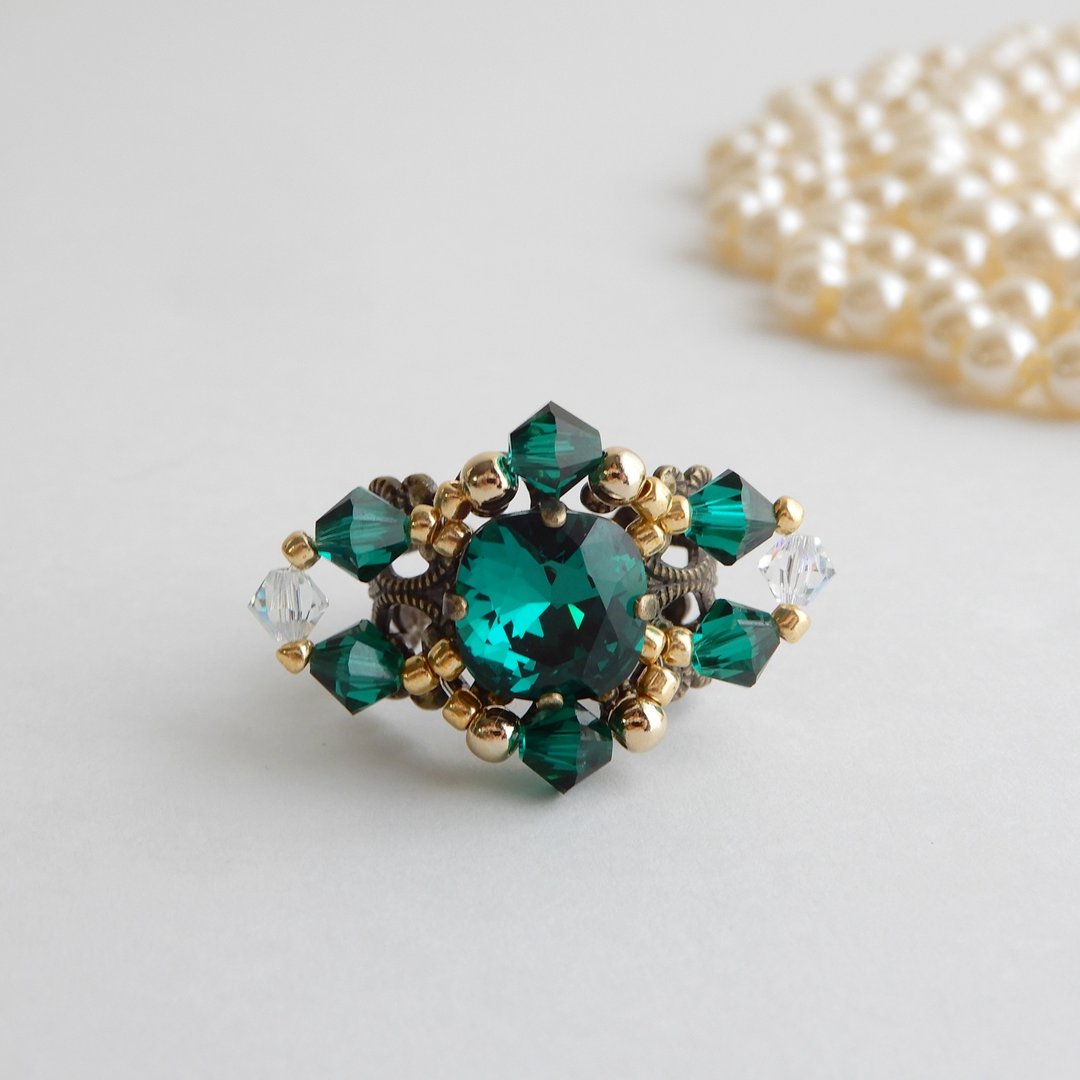 Large deep green bead ring with high quality crystal stones crystaldropsring0003 - 戒指 - 玻璃 绿色