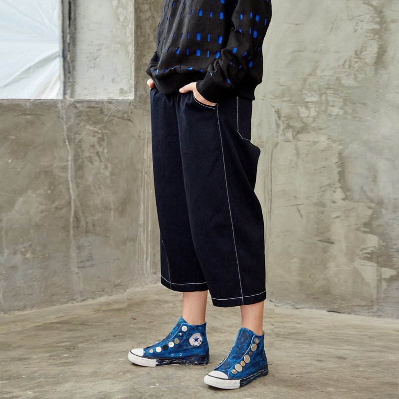 斜开襟全棉八分牛仔宽腿裤 - 女装长裤 - 棉．麻 蓝色