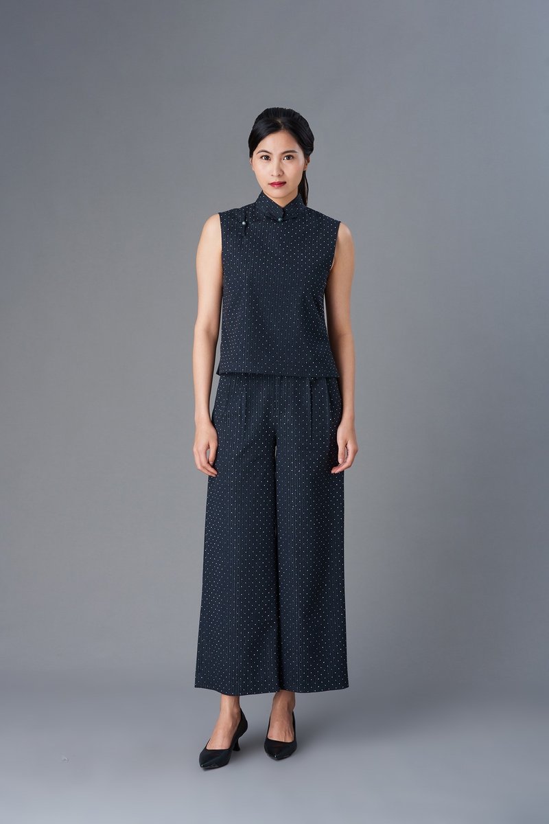 褶皱亮片盘扣阔腿裤 (黑色) - 女装长裤 - 其他材质 黑色