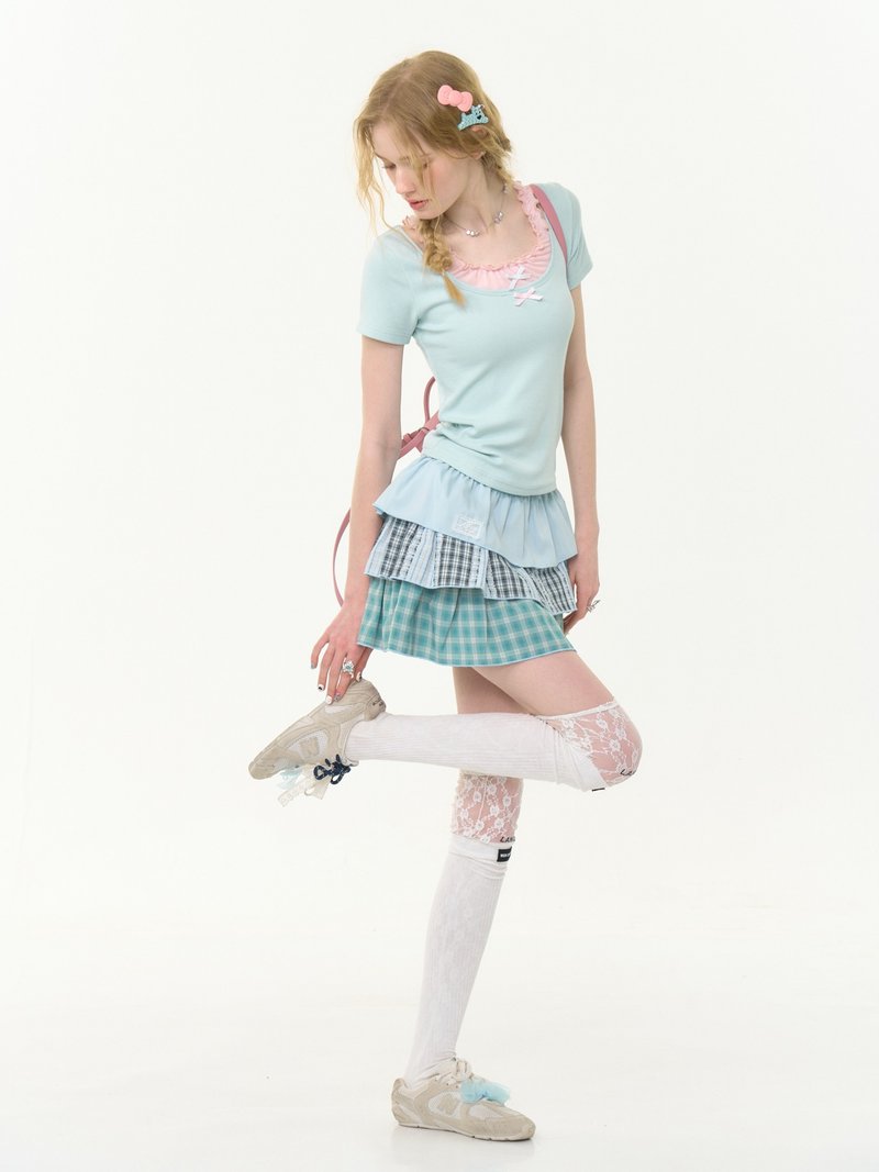 ziziFei夏美式复古设计感假两件上衣蝴蝶结挂脖撞色吊带短袖t恤女 - 女装 T 恤 - 其他材质 蓝色