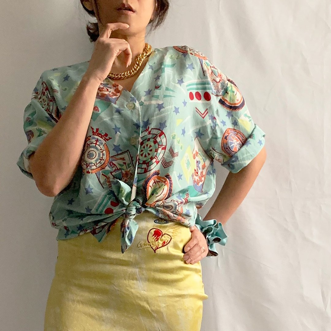 80年代 欧洲古着 意大利制 蓝绿色 丝质印花衬衫 附赠双色发圈 - 男装衬衫 - 丝．绢 绿色