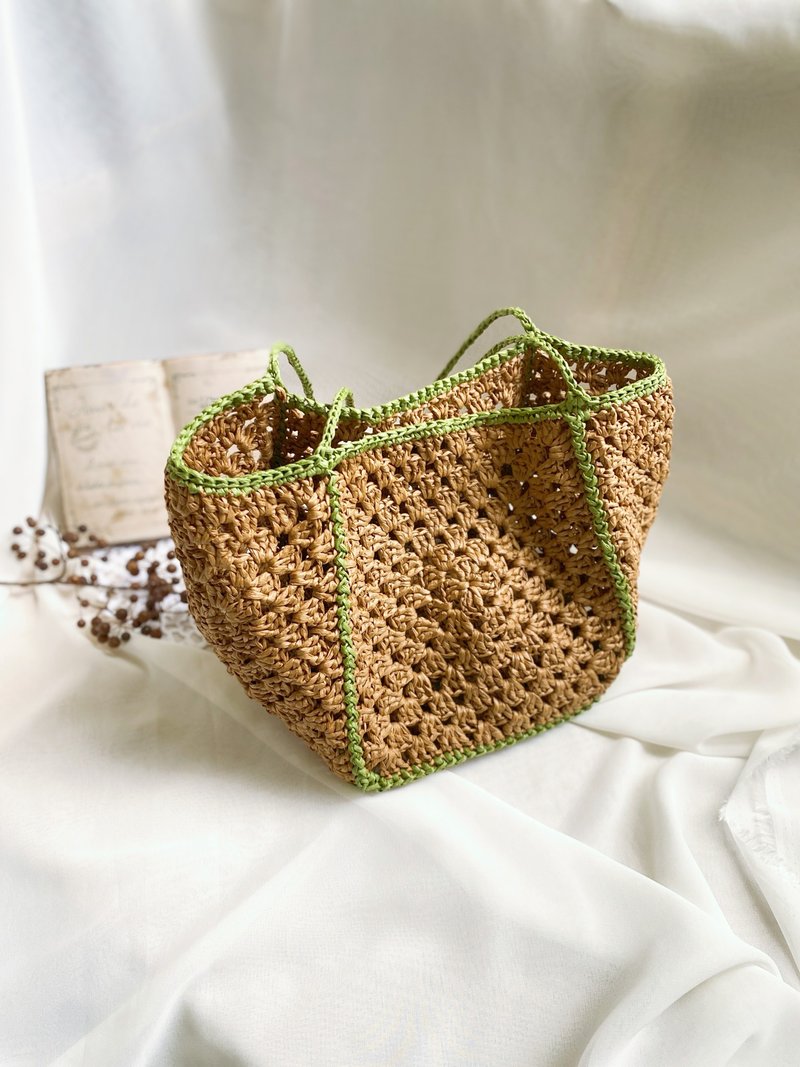 【好日手作】Handmade手工日本纸线编织祖母格镶边镂空侧背手拿包 - 手提包/手提袋 - 纸 多色