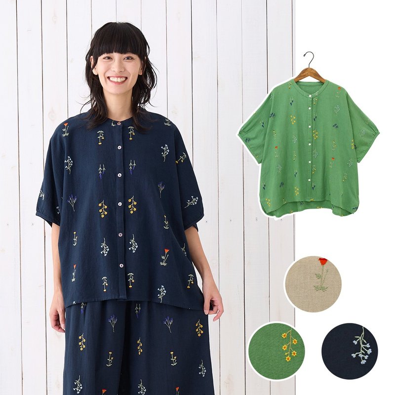 【预订】印度制 花朵刺绣混麻衬衫 - 女装上衣 - 棉 蓝色