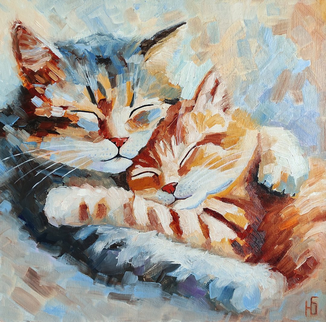 情侣猫油画，小猫原创艺术，浪漫宠物肖像，手工油画，油画原作 - 海报/装饰画/版画 - 其他材质 多色
