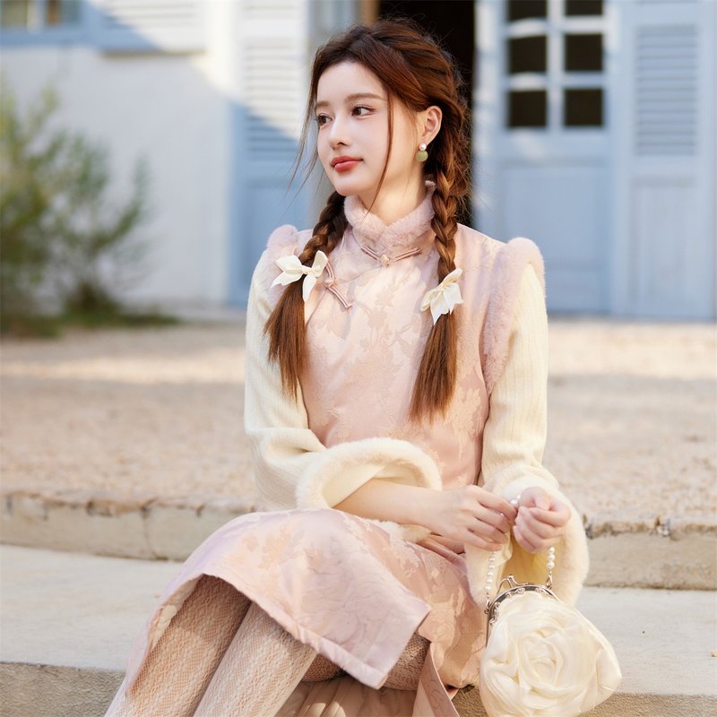 國風少女 粉色夾棉馬甲 加絨内搭上衣兩件套 新中式春節連身裙 - 洋装/连衣裙 - 聚酯纤维 粉红色